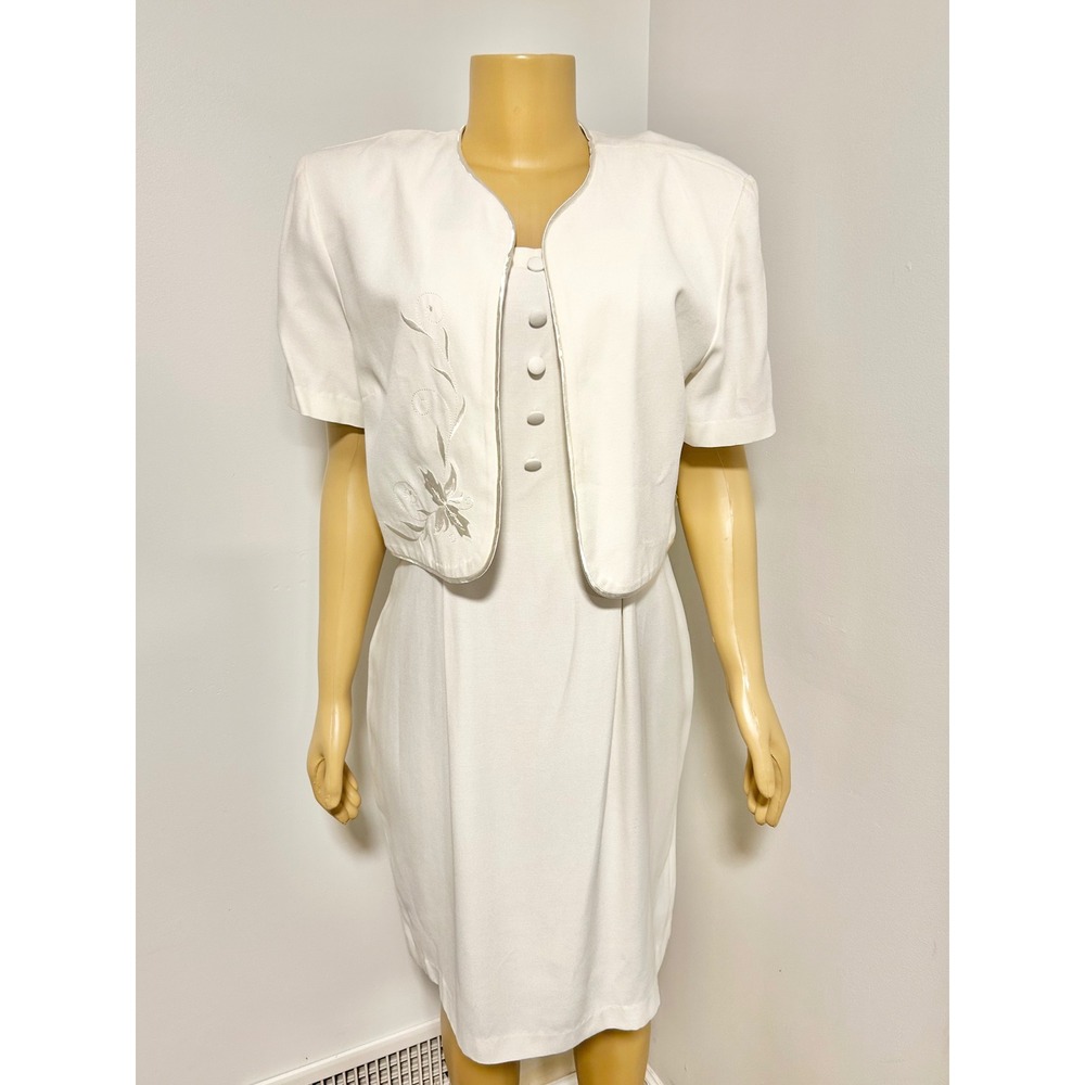 Vintage 80s John Roberts 2 Piece Dress Set White Embroidered Jacket Sheath L 14